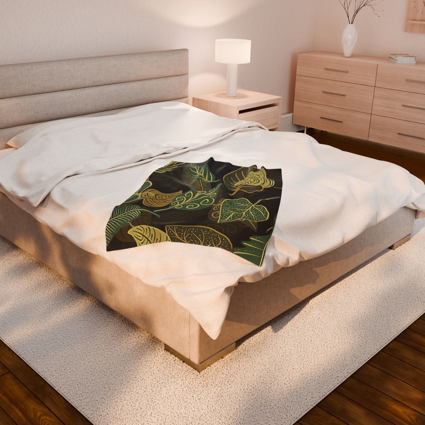 Velveteen Blanket, Unique Nature with Leaves, Plant Lover Gift, Autumn Home Decor, Cozy Plush Throw, Botanical Fleece Bedding