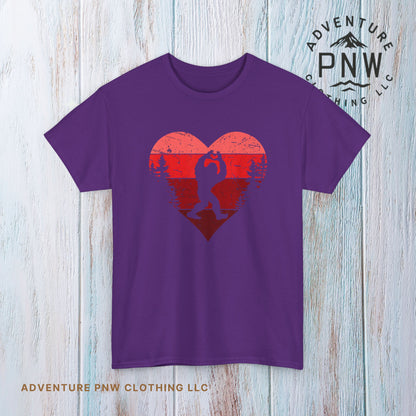 Retro Valentines Day Bigfoot T-Shirt, Sasquatch Love with Heart Hand Gesture, Funny Romantic Gift for Him or Her, Valentines Day Apparel,