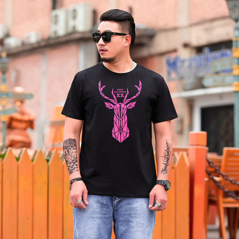 Loose And Fat Men's Pink Deer Head Printed Short Sleeve T-shirt