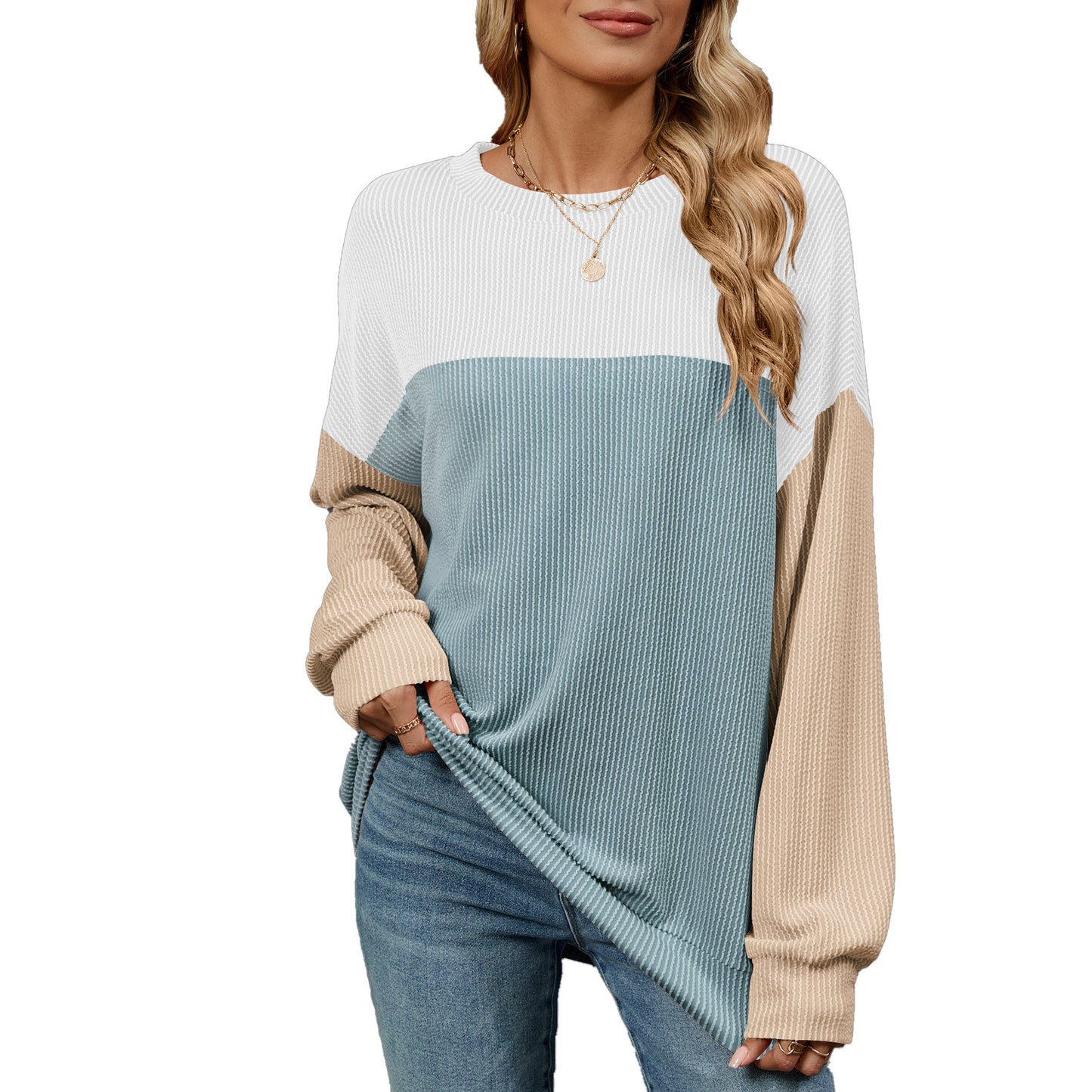 Fashion Contrast-color Round Neck Long Sleeve T-shirt Casual Pullover Top For Womens Clothing