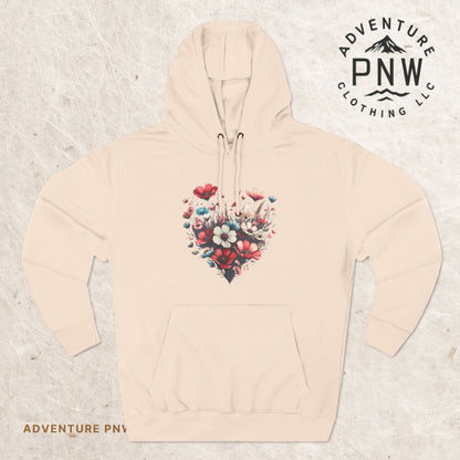 Floral Graphic Hoodie, Heart Shaped Flowers Fleece Hoodie - Botanical Garden Lover Gift, Romantic Nature Print Apparel, Spring Blossoms Top,