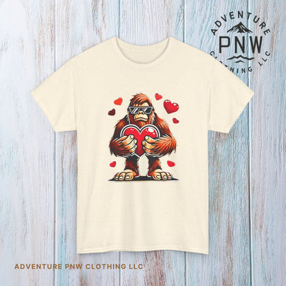 Bigfoot Heart Sunglasses T-Shirt, Funny Sasquatch Shirt, Valentines Day Tee, Unisex Cotton Top, Gift for Boys