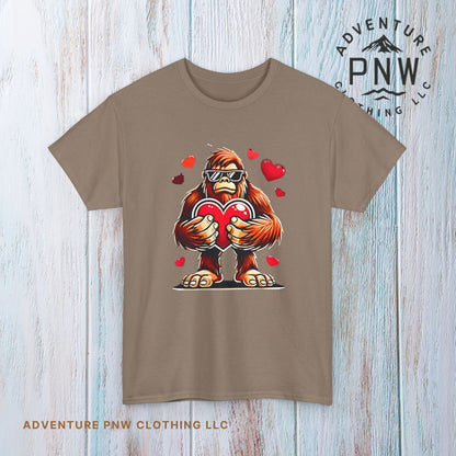 Bigfoot Heart Sunglasses T-Shirt, Funny Sasquatch Shirt, Valentines Day Tee, Unisex Cotton Top, Gift for Boys
