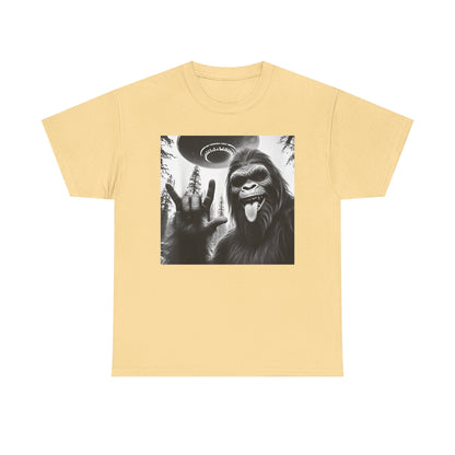 Bigfoot UFO Selfie Unisex Tee, Funny Sasquatch Valentines Day Shirt, Hilarious Outdoor Gift for Him, Her, Rock On T-Shirt, Unisex Heavy