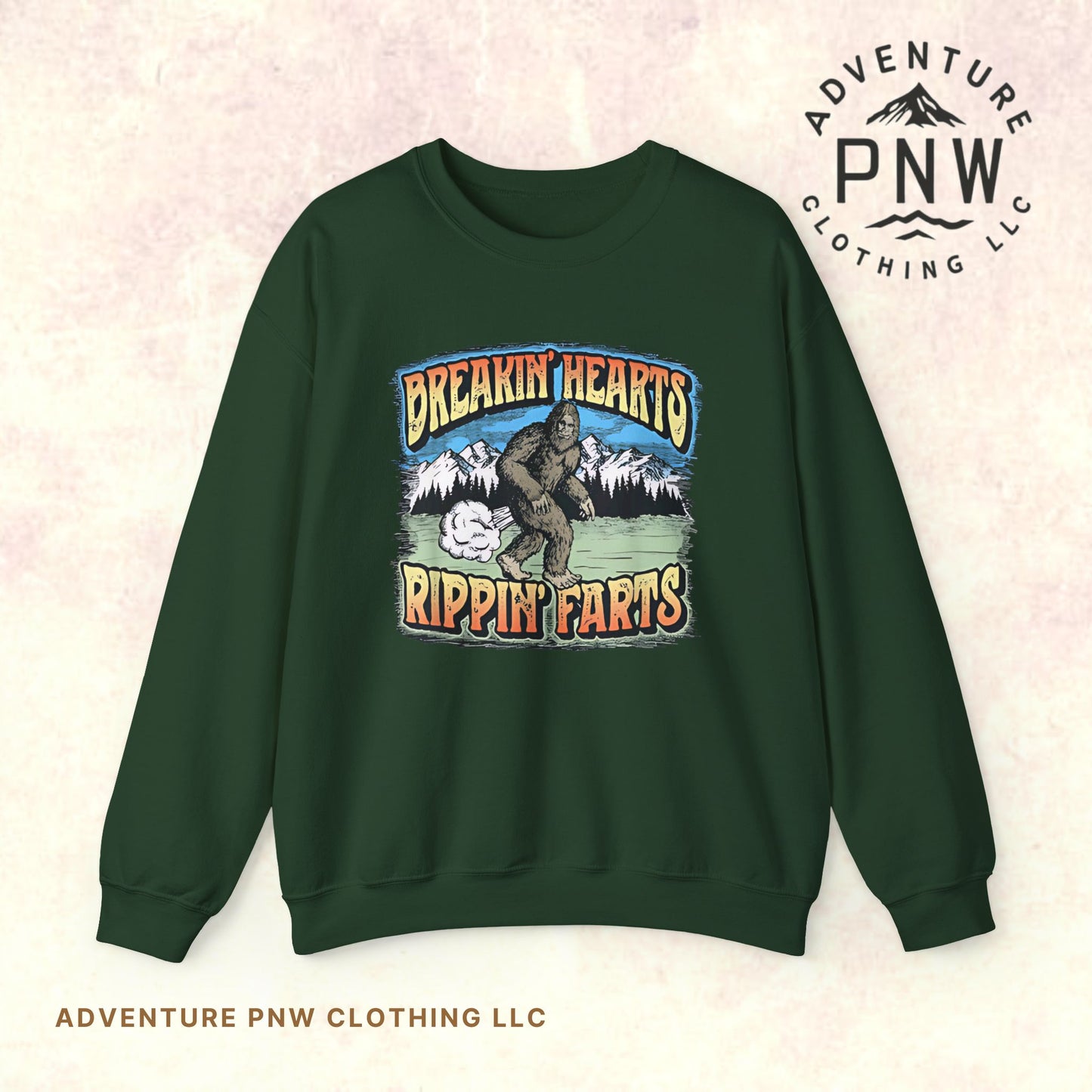 Adventure Breakin’ Hearts Rippin’ Farts Bigfoot 80s Sweatshirt