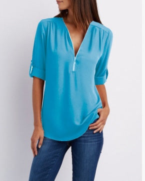 Zip V-neck Shirts Women Short Sleeve Loose Tops