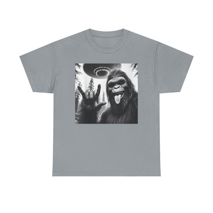 Bigfoot UFO Selfie Unisex Tee, Funny Sasquatch Valentines Day Shirt, Hilarious Outdoor Gift for Him, Her, Rock On T-Shirt, Unisex Heavy