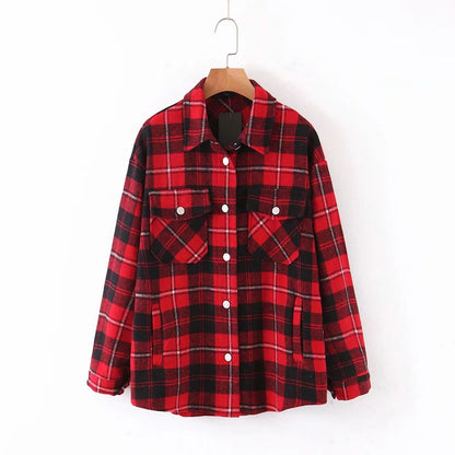 Casual Plaid Shirt Women Tweed Coat Buttons Pockets Female Jacket