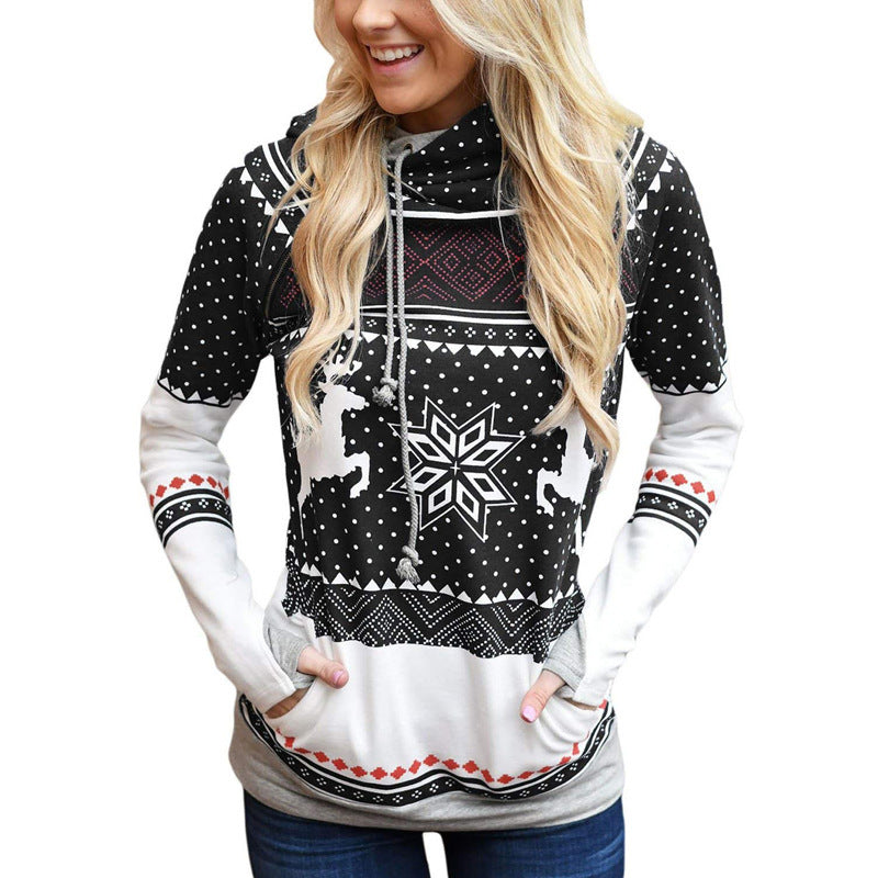 Printed pocket hooded finger sweater