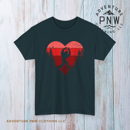 Bigfoot Valentine Shirt –Adventure Retro Heart Gesture Tee