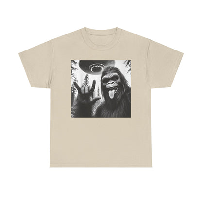 Bigfoot UFO Selfie Unisex Tee, Funny Sasquatch Valentines Day Shirt, Hilarious Outdoor Gift for Him, Her, Rock On T-Shirt, Unisex Heavy