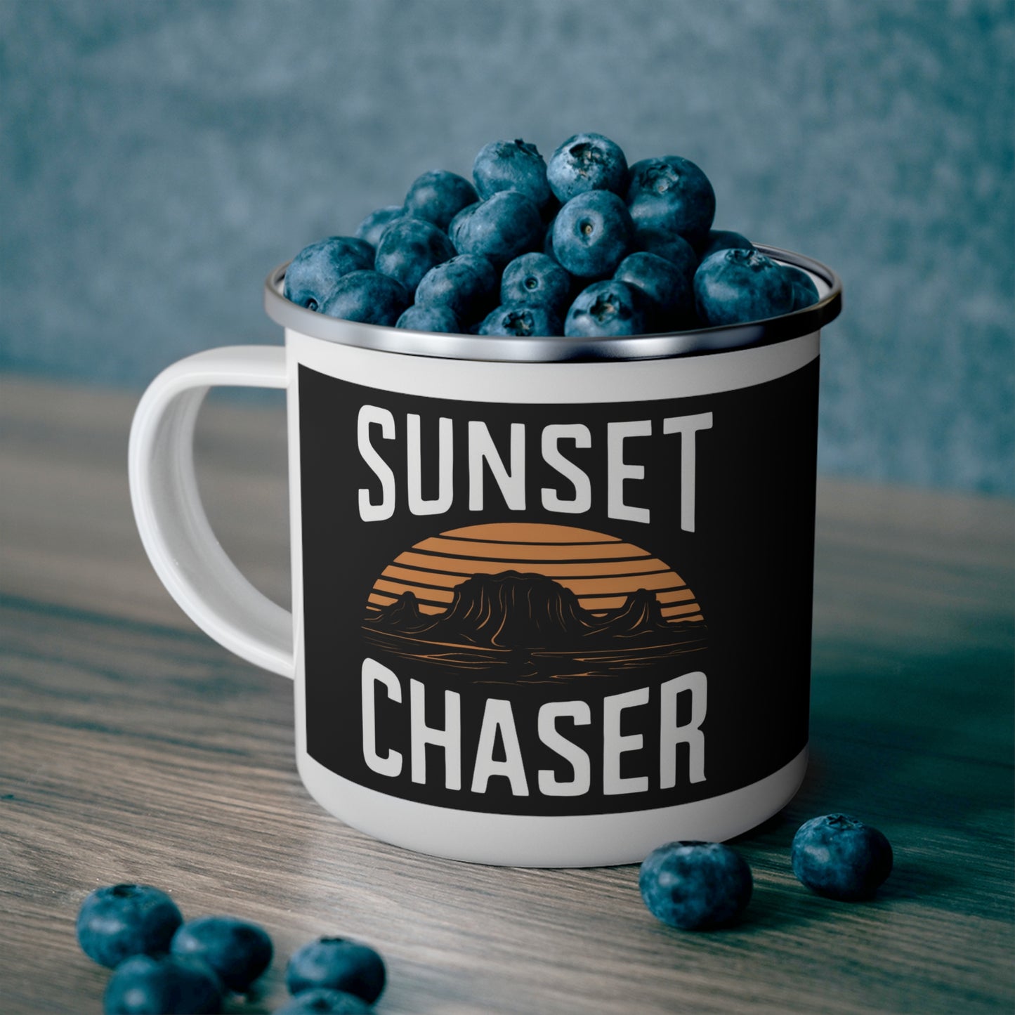 Sunset Chaser Enamel Camping Mug, Outdoor Adventure Hiking Cup, Campfire Travel Mug, Wilderness Explorer Gift, Nature Lover Drinkware,