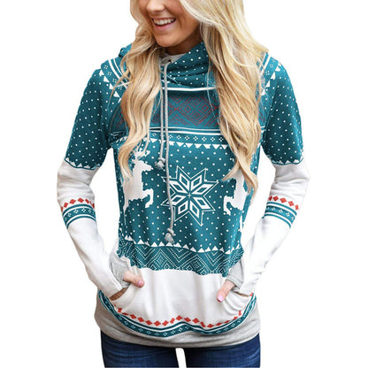 Printed pocket hooded finger sweater