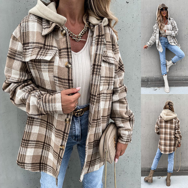 Women's Winter Plaid Woolen Jacket with Hood-Adventure PNW Clothing LLC