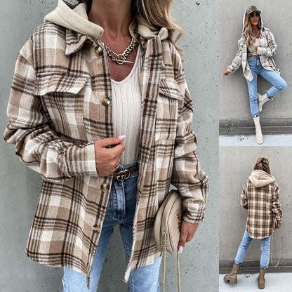 Women's Winter Plaid Woolen Jacket with Hood-Adventure PNW Clothing LLC