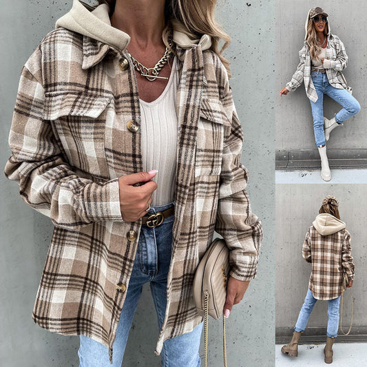 Women's Winter Plaid Woolen Jacket with Hood-Adventure PNW Clothing LLC