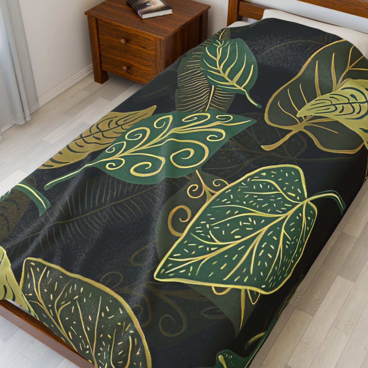 Velveteen Blanket, Unique Nature with Leaves, Plant Lover Gift, Autumn Home Decor, Cozy Plush Throw, Botanical Fleece Bedding