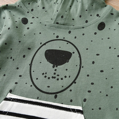 Light Green Hooded Two-Piece Outfit with Bear Face Print | Cotton Shirt and Pants Set