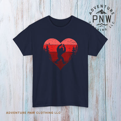 Retro Valentines Day Bigfoot T-Shirt, Sasquatch Love with Heart Hand Gesture, Funny Romantic Gift for Him or Her, Valentines Day Apparel,