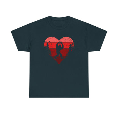 Retro Valentines Day Bigfoot T-Shirt, Sasquatch Love with Heart Hand Gesture, Funny Romantic Gift for Him or Her, Valentines Day Apparel,