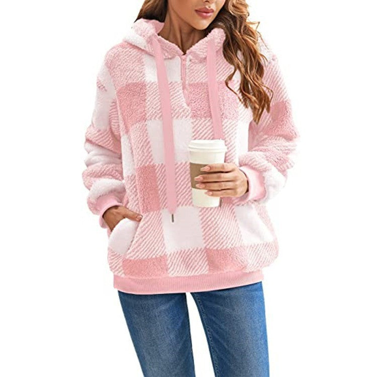 Cozy & Stylish Fashion Plaid Hooded Sweatshirt | Plush Zipper Tops for Women