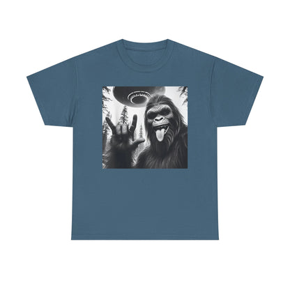 Bigfoot UFO Selfie Unisex Tee, Funny Sasquatch Valentines Day Shirt, Hilarious Outdoor Gift for Him, Her, Rock On T-Shirt, Unisex Heavy
