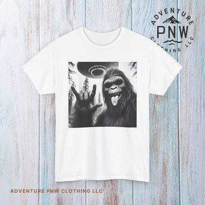 Bigfoot UFO Selfie Unisex Tee, Funny Sasquatch Valentines Day Shirt, Hilarious Outdoor Gift for Him, Her, Rock On T-Shirt, Unisex Heavy