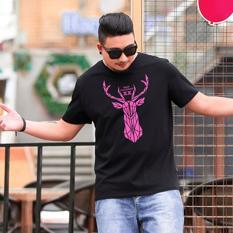 Loose And Fat Men's Pink Deer Head Printed Short Sleeve T-shirt