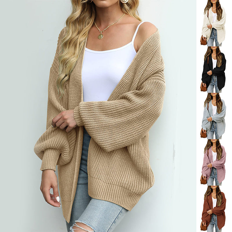 Casual Loose Solid Knit Cardigan Autumn Tops coffee-Adventure PNW Clothing LLC