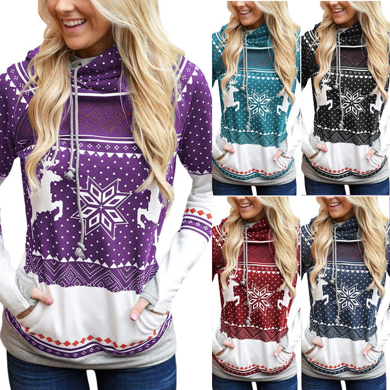 Printed pocket hooded finger sweater