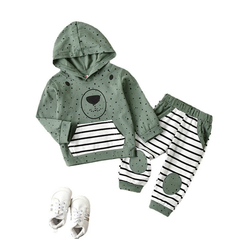 Light Green Hooded Two-Piece Outfit with Bear Face Print | Cotton Shirt and Pants Set