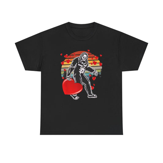 Bigfoot With Heart Unisex Tee, Sasquatch Valentine Gift Shirt, Valentines Day Apparel, Cryptid Lover T-Shirt, Mythical Creature Top