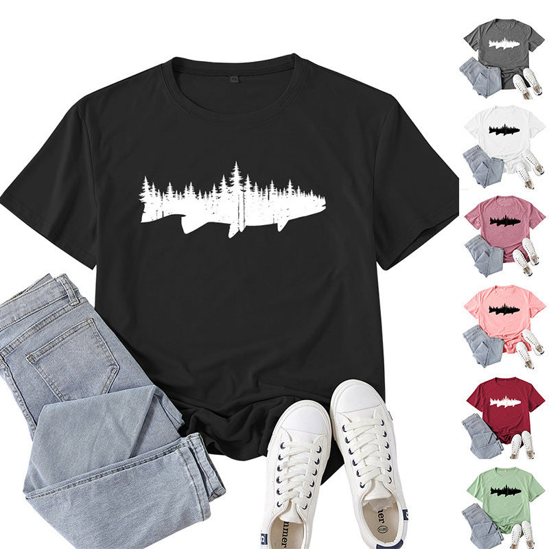 Women's Fashion Casual Loose Fish And Forest Print T-Shirt