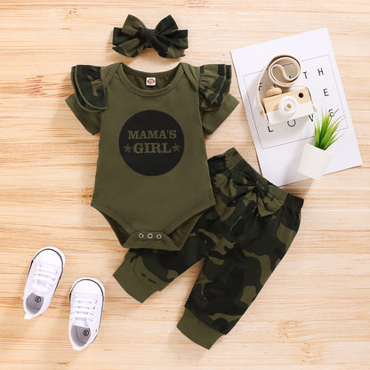 Printed Short Sleeved Camouflage Shorts And Hat Three Piece Set For Boys And Children's Clothing