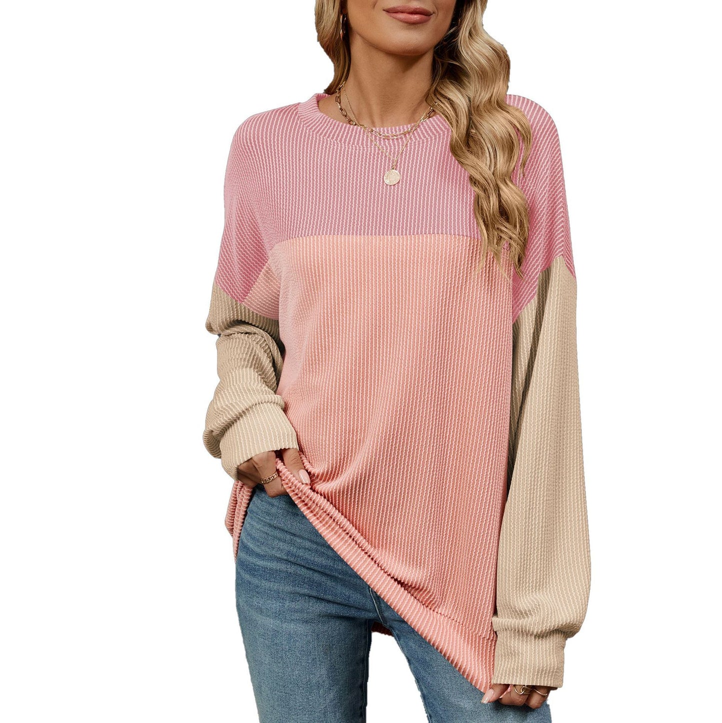 Fashion Contrast-color Round Neck Long Sleeve T-shirt Casual Pullover Top For Womens Clothing