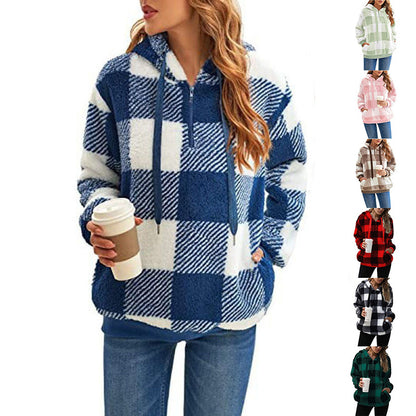 Cozy & Stylish Fashion Plaid Hooded Sweatshirt | Plush Zipper Tops for Women