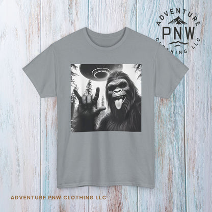 Bigfoot UFO Selfie Unisex Tee, Funny Sasquatch Valentines Day Shirt, Hilarious Outdoor Gift for Him, Her, Rock On T-Shirt, Unisex Heavy