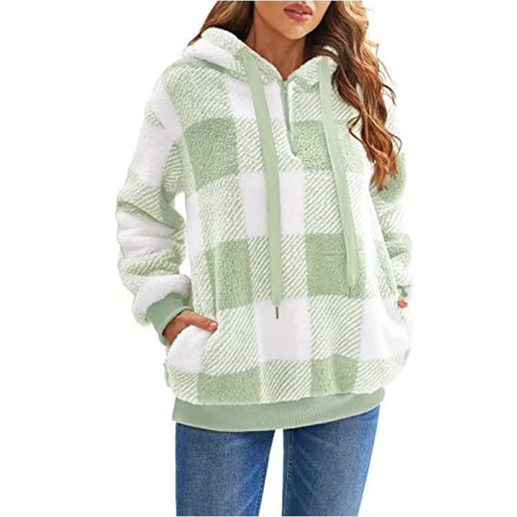 Cozy & Stylish Fashion Plaid Hooded Sweatshirt | Plush Zipper Tops for Women