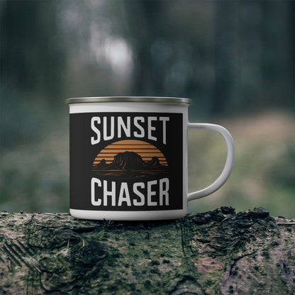 Sunset Chaser Enamel Camping Mug, Outdoor Adventure Hiking Cup, Campfire Travel Mug, Wilderness Explorer Gift, Nature Lover Drinkware,