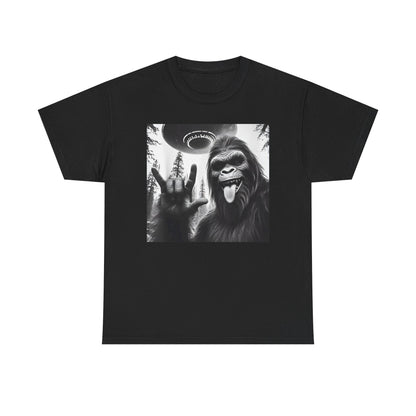 Bigfoot UFO Selfie Unisex Tee, Funny Sasquatch Valentines Day Shirt, Hilarious Outdoor Gift for Him, Her, Rock On T-Shirt, Unisex Heavy