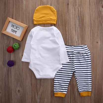 3-Piece Newborn Baby Clothes Set | Long Sleeve Romper, Striped Pants, and Hat