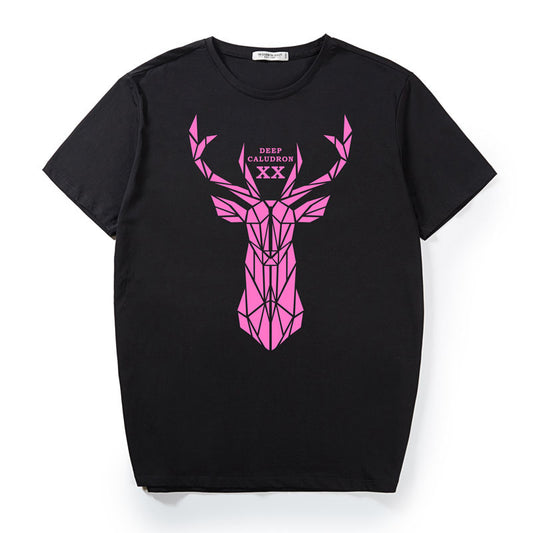 Loose And Fat Men's Pink Deer Head Printed Short Sleeve T-shirt