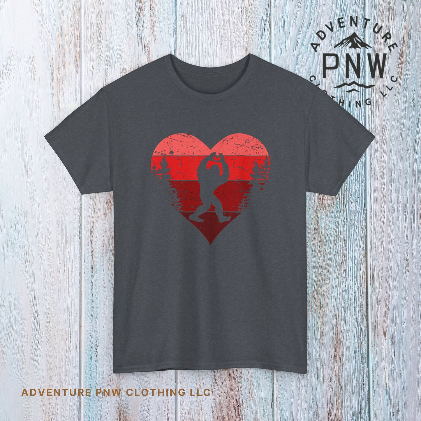 Bigfoot Valentine Shirt –Adventure Retro Heart Gesture Tee