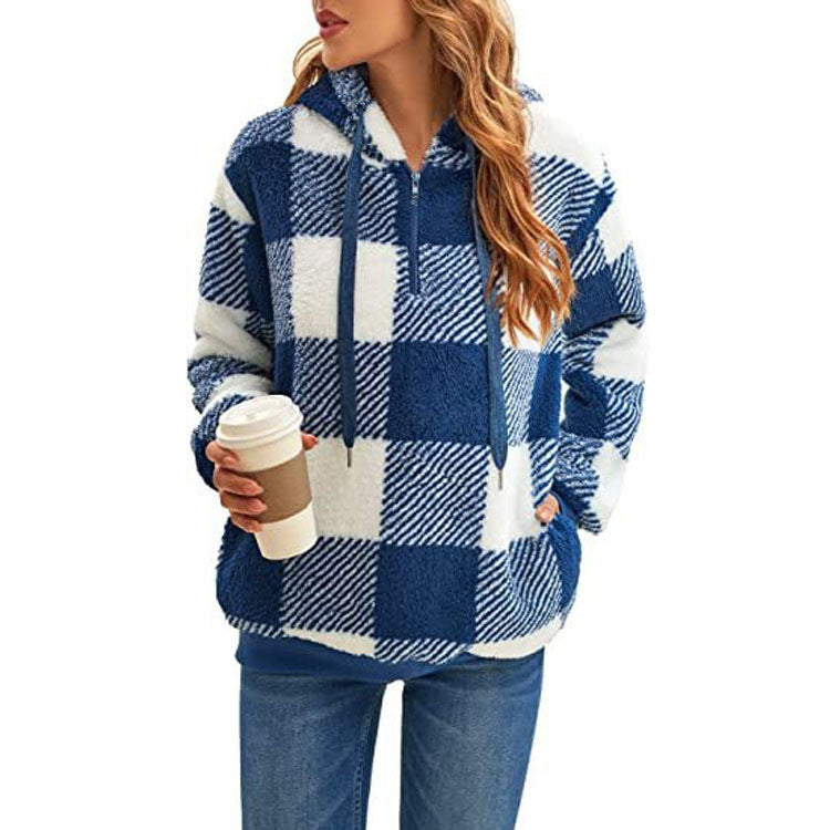 Cozy & Stylish Fashion Plaid Hooded Sweatshirt | Plush Zipper Tops for Women