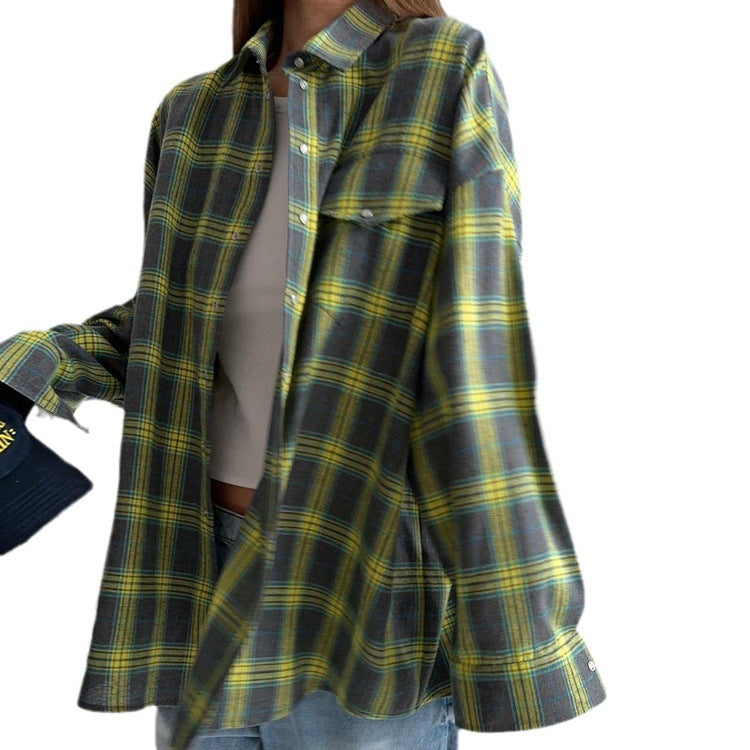 Retro Lapels Loose Shirt Plaid Long Sleeve Pocket Women's Shirt