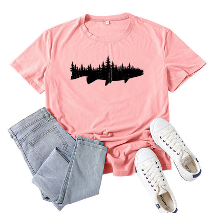 Women's Fashion Casual Loose Fish And Forest Print T-Shirt