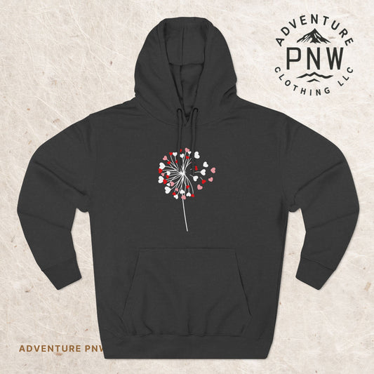 Dandelion Heart Three-Panel Fleece Hoodie, Valentine Wildflower Sweatshirt, Lovers Hoodie Gift, Romantic Dandelion Hoodie, Valentines Day