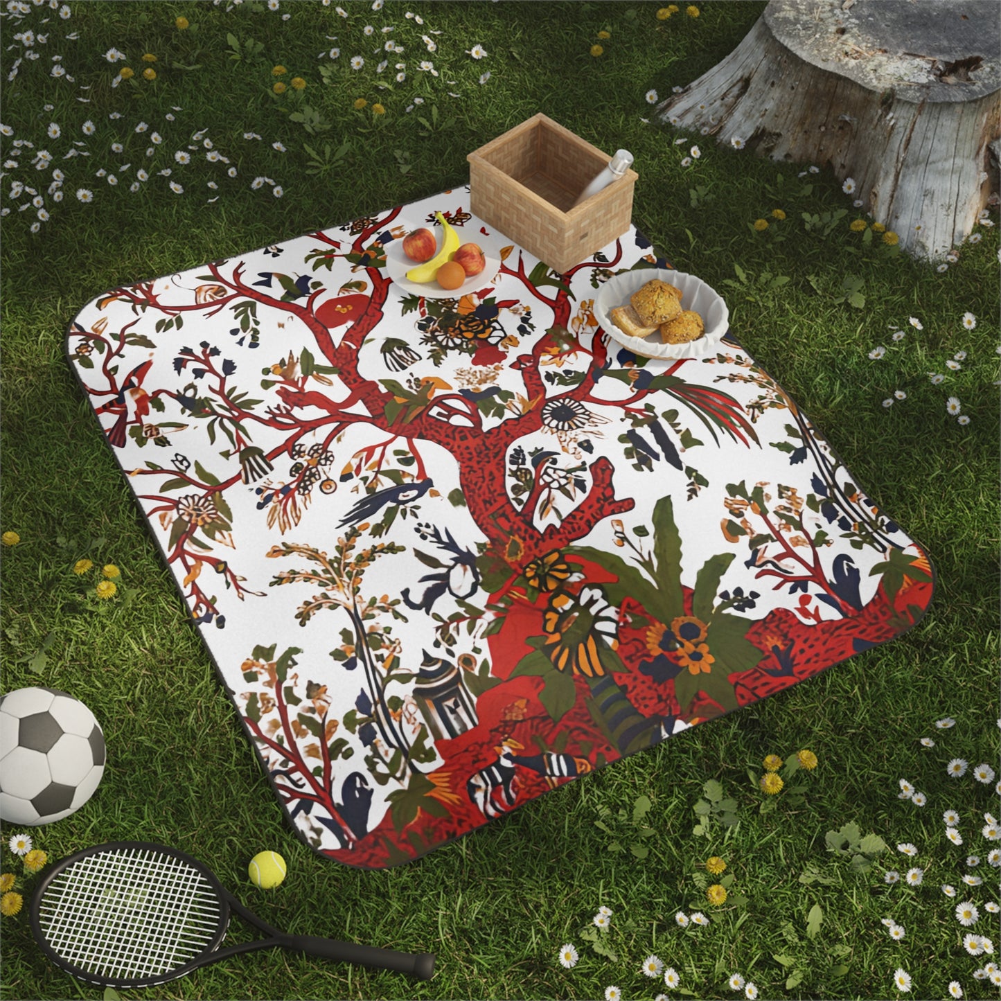 Retro Flower and Bird Tree Picnic Blanket, Outdoor Adventure Nature Lover Travel Hike Mat, Floral Bird Tree Pattern Beach Blanket,