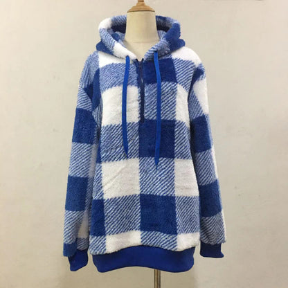 Cozy & Stylish Fashion Plaid Hooded Sweatshirt | Plush Zipper Tops for Women