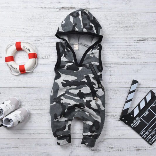 Children's Clothing Double Zipper Camouflage Hooded Jumpsuit